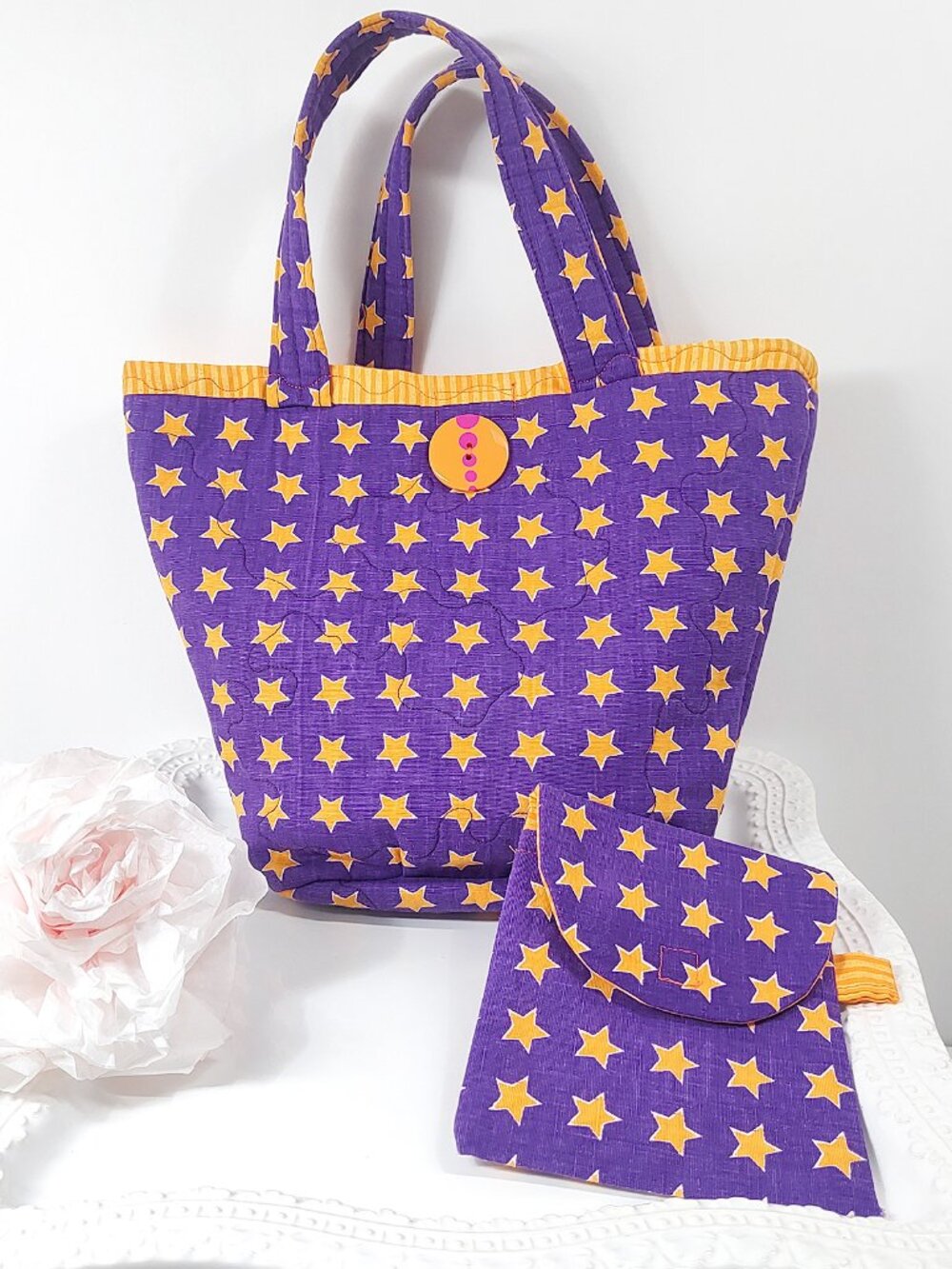 Handmade Quilted Halloween Star Mini Tote Bag + Mini Pouch Purple Orange Candy